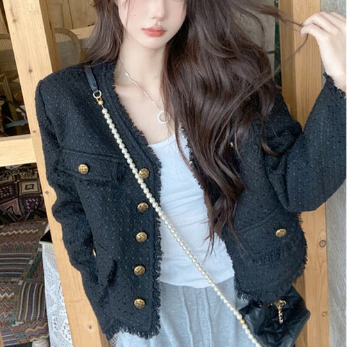 Korean Black Warm Jacket Coat Women Long Sleeve High Street Button Vintage Jacket Female Designer  Autumn Winter Clothing 2021
