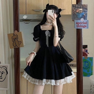 Korean Casual Kawaii Mini Dress Women Lace Black Cute Elegant Party Dress Summer 2021 Puff Sleeve Ruffle France Vintage Clothing