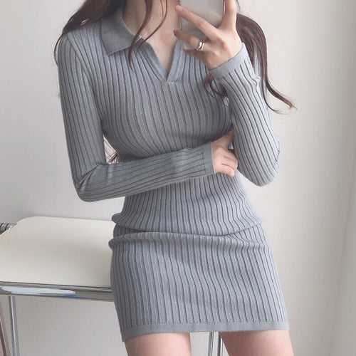 Korean Chic Autumn Simple Slim Waist Solid Knitted Dress Women Bodycon Elegant Casual Vestidos Mujer All Match Fashion Robe