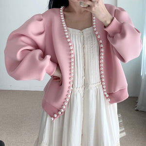 Korean Chic Autumn Sweet Pearl Lace Design Coat Women Loose Puff Sleeve Short Jacket Women Simple All Match Casual Women Tops