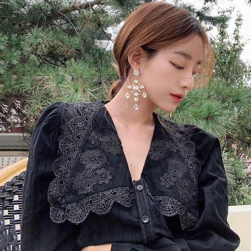 Korean Chic Autumn Vintage Peter Pan Collar Blusa Mujer Lace Stitching Loose Puff Sleeve Blouse Women Elegant Office Lady Shirts