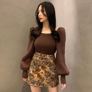 Korean Chic Early Autumn Slim Knit Pullovers Women French Retro Lantern Sleeve Elegant Knitted Tops Casual Fashion Sweaters