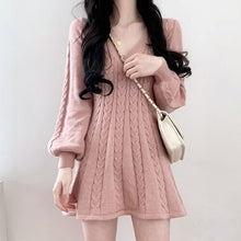 Load image into Gallery viewer, Korean Chic Elegant Slim V-neck Knitted Dress for Women Autumn Winter 2022 New Lantern Sleeve Solid Vestidos Simple Casual Robe