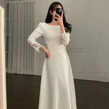 Load image into Gallery viewer, Korean Chic Elegant Temperament Stitching High Waist Thin Round Hollow Out White Lace Crochet Long Sleeve Dress Robe Femme Hip
