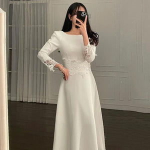 Korean Chic Elegant Temperament Stitching High Waist Thin Round Hollow Out White Lace Crochet Long Sleeve Dress Robe Femme Hip