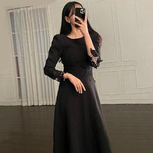 Load image into Gallery viewer, Korean Chic Elegant Temperament Stitching High Waist Thin Round Hollow Out White Lace Crochet Long Sleeve Dress Robe Femme Hip