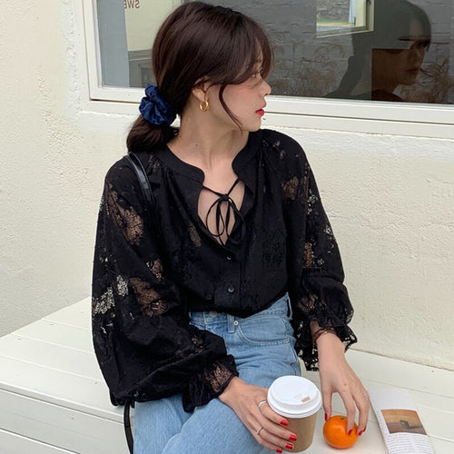 Korean Chic Retro Court Style Neckline Lace Up Shirts Women Loose Lace Stitching Lantern Sleeve Blouse Women Elegant Blusas