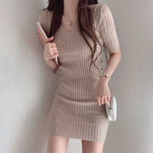 Load image into Gallery viewer, Korean Chic Sexy Deep V-neck Slim Fit Ice Silk Knitted Dress Women Simple Bodycon Short Sleeve Vestidos Casual Soft Robe Femme