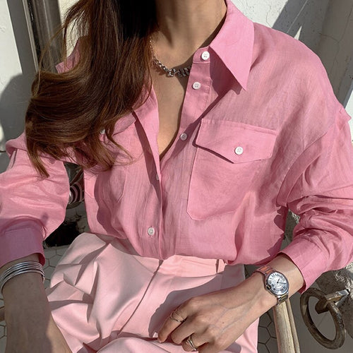 Korean Chic Summer Niche Temperament Polo Collar Single-Breasted Double Pockets Loose Thin Long-Sleeved Anti-Sei Shirt Women