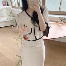 Load image into Gallery viewer, Korean Chic Summer V-Neck Patchwork Two Piece Set Skirt Short Sleeve Casual Slim High Waist Office Lady Outfits