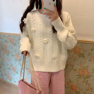 Korean Chic Sweet Fresh Three Dimensional Flower Sweaters Women Loose Casual O Neck Long Sleeve Pullovers Autumn Knitted Tops