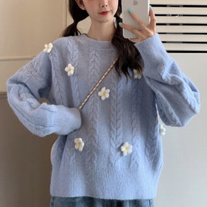 Korean Chic Sweet Fresh Three Dimensional Flower Sweaters Women Loose Casual O Neck Long Sleeve Pullovers Autumn Knitted Tops