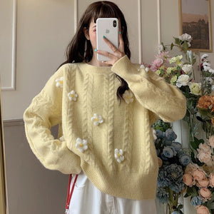 Korean Chic Sweet Fresh Three Dimensional Flower Sweaters Women Loose Casual O Neck Long Sleeve Pullovers Autumn Knitted Tops