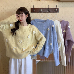 Korean Chic Sweet Fresh Three Dimensional Flower Sweaters Women Loose Casual O Neck Long Sleeve Pullovers Autumn Knitted Tops