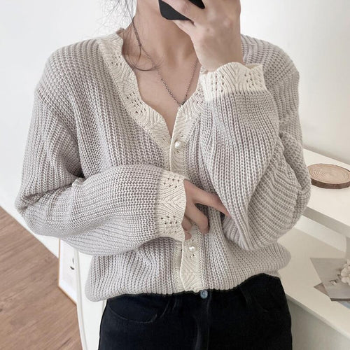 Korean Chic V Neck Long Sleeve Knitted Cardigans Casual All Match Loose Elegant Sweaters Women Autumn 2022 Solid Sweet Tops
