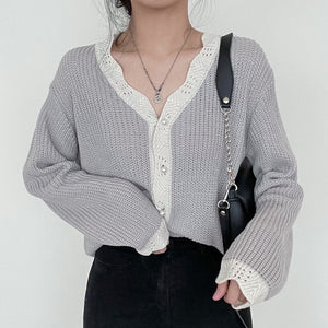 Korean Chic V Neck Long Sleeve Knitted Cardigans Casual All Match Loose Elegant Sweaters Women Autumn 2022 Solid Sweet Tops