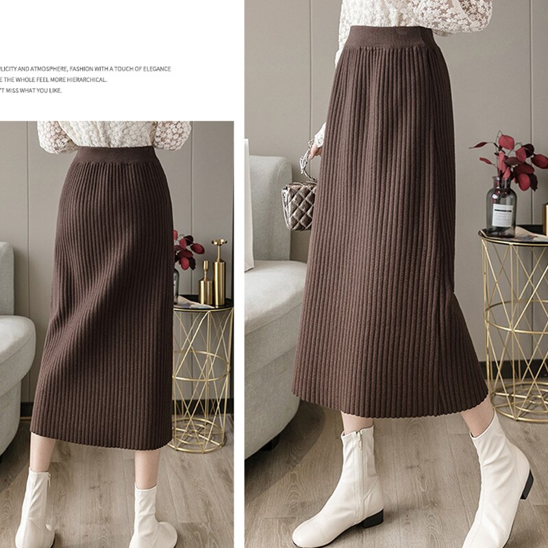 Korean Fashion A-Line High-Waist Skirt Women Elegant Office Lady Midi Knitted 2021 Winter Skirt