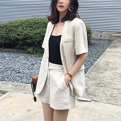 Korean Fashion Casual Loose Two Piece Set Women Short Blazer Coat + Shorts Suits Summer Top Pants 2 Piece Suits Ensemble Femme