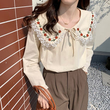 Load image into Gallery viewer, Korean Fashion Peter Pan Collar Blouses Spring Patchwork Lace Shirts Women Sweet Lace Up Fresh Tops Spring Mori Girl 2022