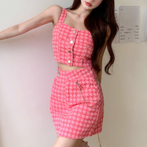 Korean Fashion Two Piece Sets Women Houndstooth Thin Denim Summer Sleeveless Vest + High Waist Mini Skirts Suits Ensembles Femme