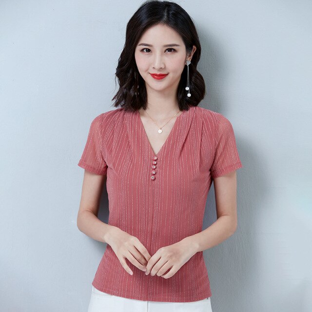 Korean Fashion V-neck Women Striped T-shirt 2021 Summer New Short Sleeve Women's Tops Plus Size M-4XL Mesh Blusas