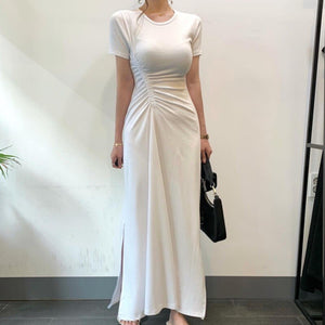 Korean Ladies Summer Short Sleeve Casual Club Party Dress Women Fashion Drawstring Ruched Bodycon Sexy Split Dress