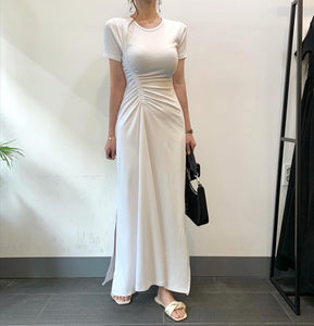 Korean Ladies Summer Short Sleeve Casual Club Party Dress Women Fashion Drawstring Ruched Bodycon Sexy Split Dress
