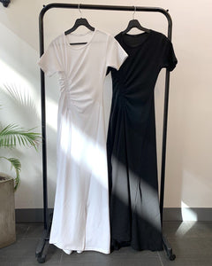Korean Ladies Summer Short Sleeve Casual Club Party Dress Women Fashion Drawstring Ruched Bodycon Sexy Split Dress