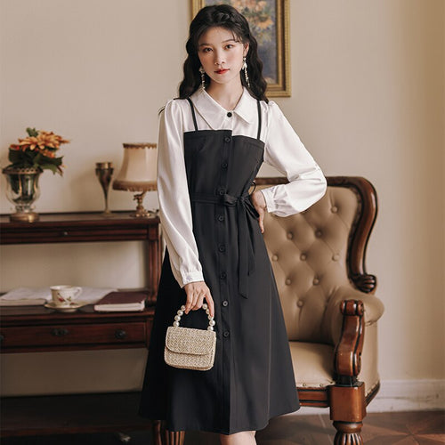 Korean Loose Casual Ladies Black Long Sleeved Midi Dress Autumn Black Stitching Shirt Retro Dresses Y2K Women's Clothing 2021