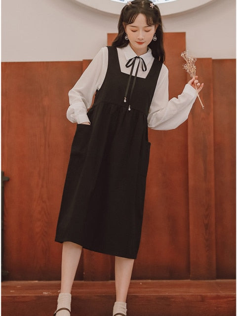 Korean Loose Cute Student Two Piece Set Women Bow Tie Lace Lapel All-match Solid Color Shirt Top+Loose Thin Strap Dress OL Suit