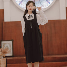 Load image into Gallery viewer, Korean Loose Cute Student Two Piece Set Women Bow Tie Lace Lapel All-match Solid Color Shirt Top+Loose Thin Strap Dress OL Suit