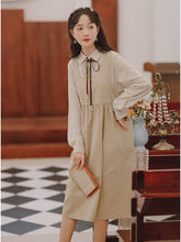 Load image into Gallery viewer, Korean Loose Cute Student Two Piece Set Women Bow Tie Lace Lapel All-match Solid Color Shirt Top+Loose Thin Strap Dress OL Suit