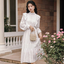 Load image into Gallery viewer, Korean Loose Cute White Dresses For Women 2021 Ruffle Stitching Stand-up Collar Small Fresh and Sweet Dress Roupas Femininas