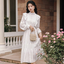 Load image into Gallery viewer, Korean Loose Cute White Dresses For Women 2021 Ruffle Stitching Stand-up Collar Small Fresh and Sweet Dress Roupas Femininas