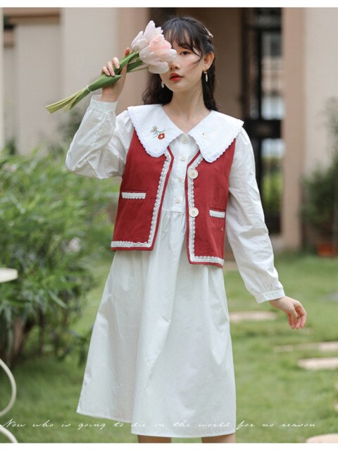 Korean Loose Sweet Kawaii Dress Suit Female Fall Lace V-neck Grop Vest Coat+Cute Embroidered Doll Collar White Dresses Outfits