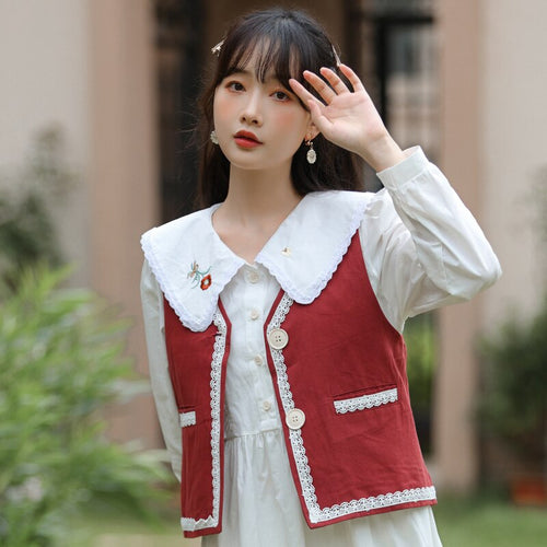 Korean Loose Sweet Kawaii Dress Suit Female Fall Lace V-neck Grop Vest Coat+Cute Embroidered Doll Collar White Dresses Outfits