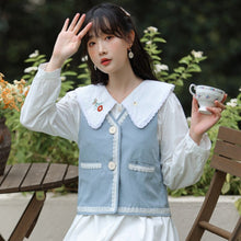 Load image into Gallery viewer, Korean Loose Sweet Kawaii Dress Suit Female Fall Lace V-neck Grop Vest Coat+Cute Embroidered Doll Collar White Dresses Outfits