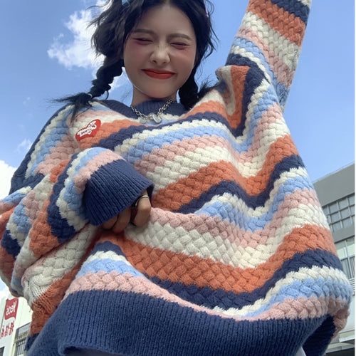 Korean Rainbow Striped Sweater Women Loose Autumn Winter 2022 Sueter Mujer Design Retro Japanese Chic Sweet Knitted Pullovers