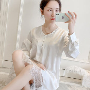 Korean Sexy Women Nightwear Long Sleeve Lace Princess Sleepwear Autumn Silk Chemise Stain Nightgown Pink Plus Size Nighties 2020