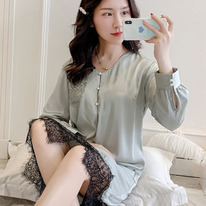 Korean Sexy Women Nightwear Long Sleeve Lace Princess Sleepwear Autumn Silk Chemise Stain Nightgown Pink Plus Size Nighties 2020