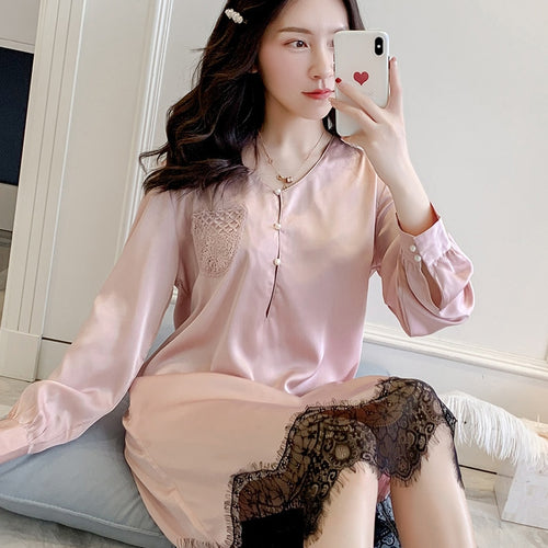 Korean Sexy Women Nightwear Long Sleeve Lace Princess Sleepwear Autumn Silk Chemise Stain Nightgown Pink Plus Size Nighties 2020