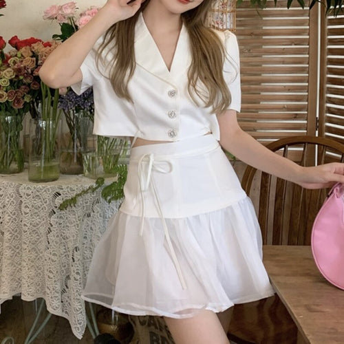 Korean Slim Short Suit Jacket + High Waist All-match Mesh Skirt Two Piece Sets Women Sweet Skirts Suits Conjuntos De Mujer 2021