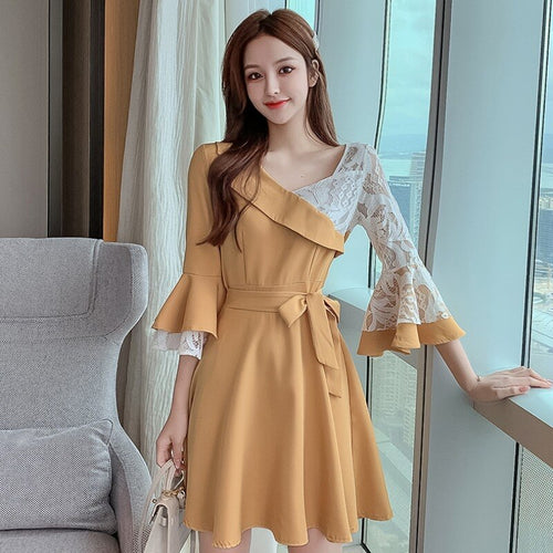 Korean Spring Elegant Mini Party Dress 2021 Fashion Women Casual Belt Lace Flare Sleeve Splicing Vintage Dress Female