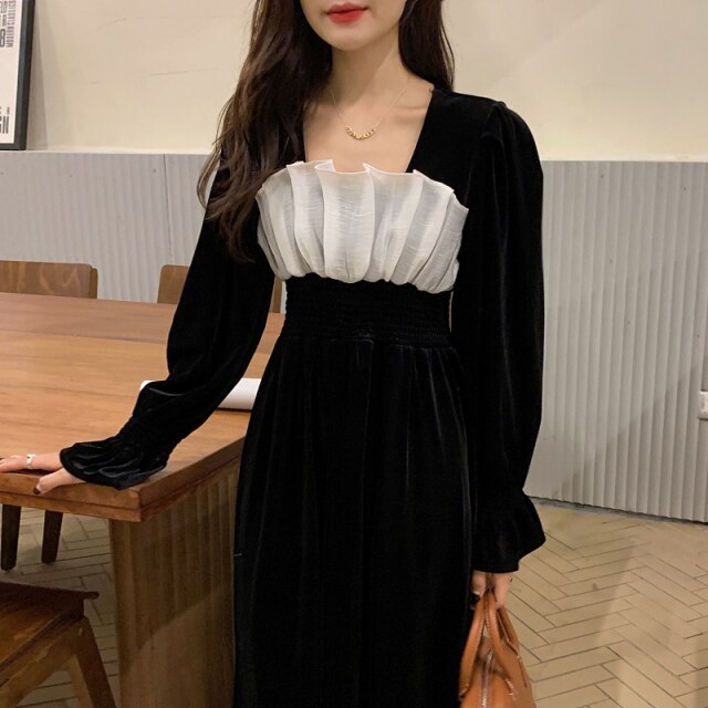 Korean Style Autumn New Elegant Velvet Dress for Women Square Collar Long Sleeve Slim Waist Robe Femme Simple Party Vestidos