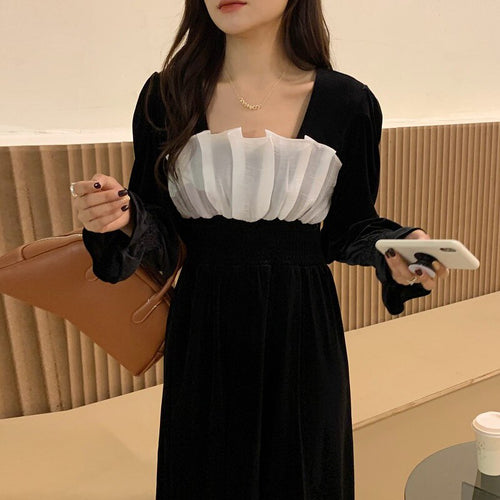 Korean Style Autumn New Elegant Velvet Dress for Women Square Collar Long Sleeve Slim Waist Robe Femme Simple Party Vestidos