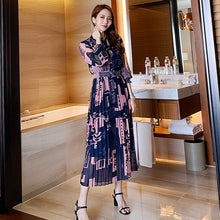 Load image into Gallery viewer, Korean Style Casual Dress Fashion Turn-down Full Sleeve Streetwear Dress Women Print Pleated Mid-Calf Dresses 2020 Autumn New