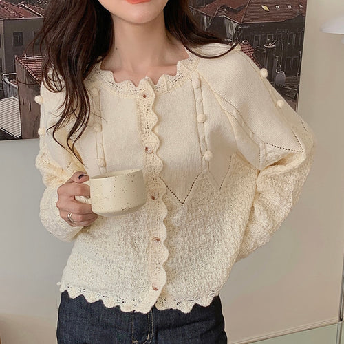 Korean Style Chic O Neck Crocus Hairball Vintage Sweater for Women Elegant Sweet Pull Femme Autumn 2022 New Knit Cardigans Women