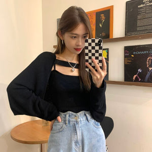 Korean Style Chic Simple Camisole + Loose Casual Knit Cardigans Women Design All Match Fashion Sweater Women Elegant Pull Femme
