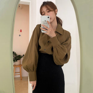 Korean Style Chic Turn Down Collar Woman Shirts Simple Loose Casual Vintage Long Sleeve Blusas Mujer Office Ladies Blouse Women