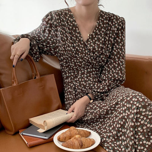 Korean Style Chic Vintage Floral Dress Women V Neck Long Sleeve Slim Waist Autumn 2022 Vestidos Elegant A Line Sweet Robe Femme